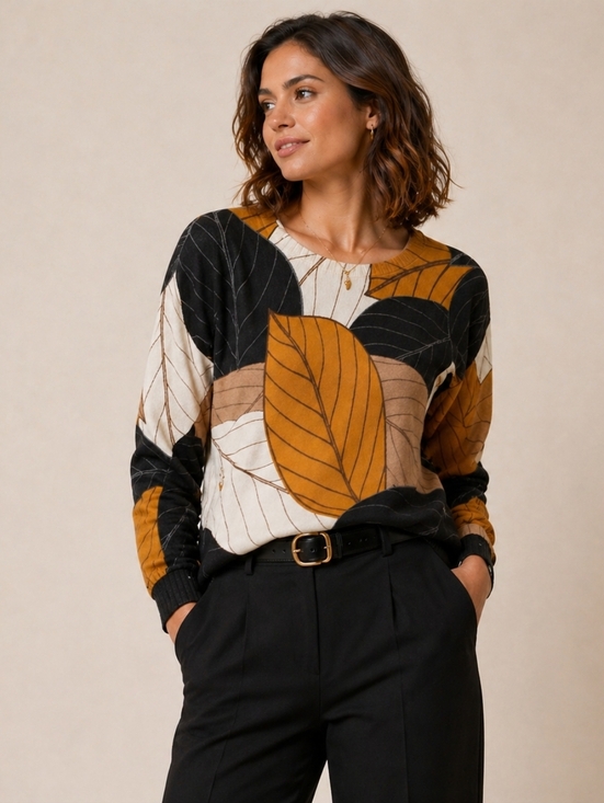 Carelli Tops - Carreli | Knit Sweater with Mustard Leaf Print, Size XS